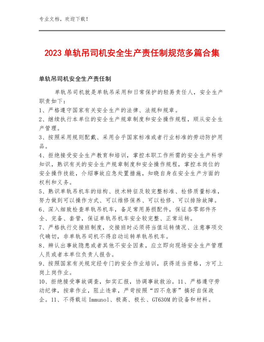 2023单轨吊司机安全生产责任制规范多篇合集