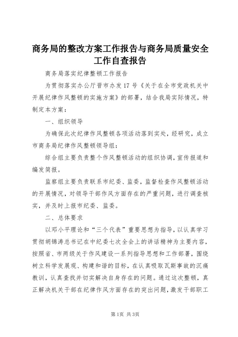 5商务局的整改方案工作报告与商务局质量安全工作自查报告