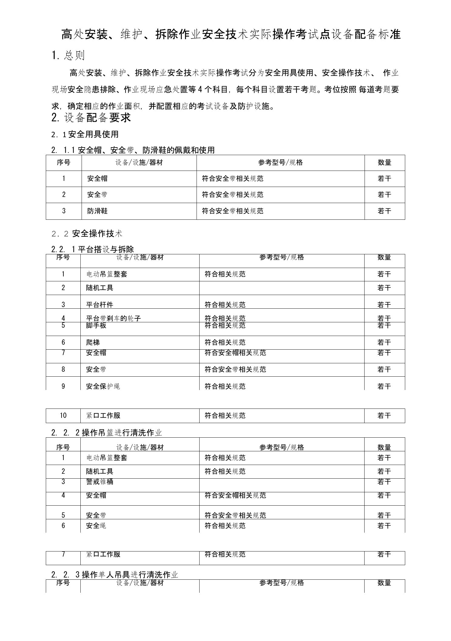 高处安装、维护、拆除作业安全技术实际操作考试点设备配备