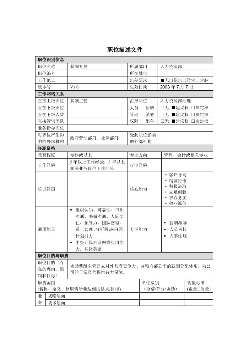 绩效薪酬管理岗位说明书大全7