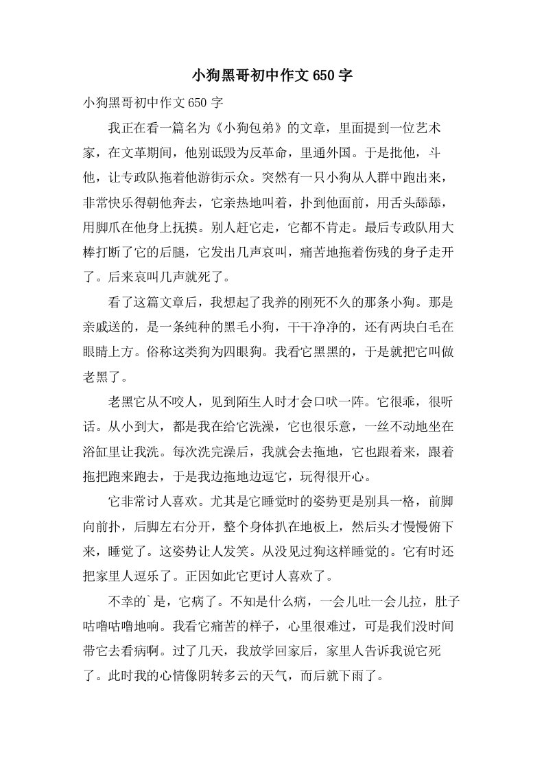 小狗黑哥初中作文650字