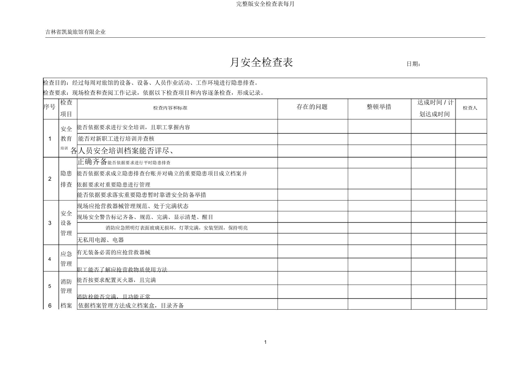 安全检查表每月