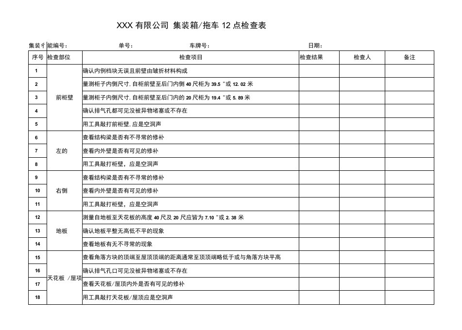 集装箱拖车12点检查表