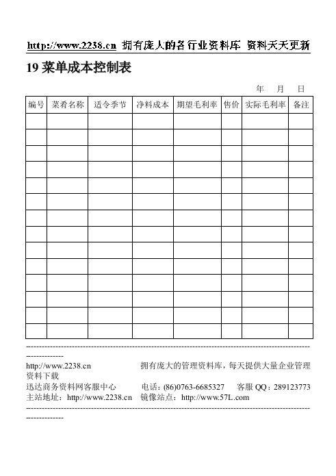 19菜单成本控制表