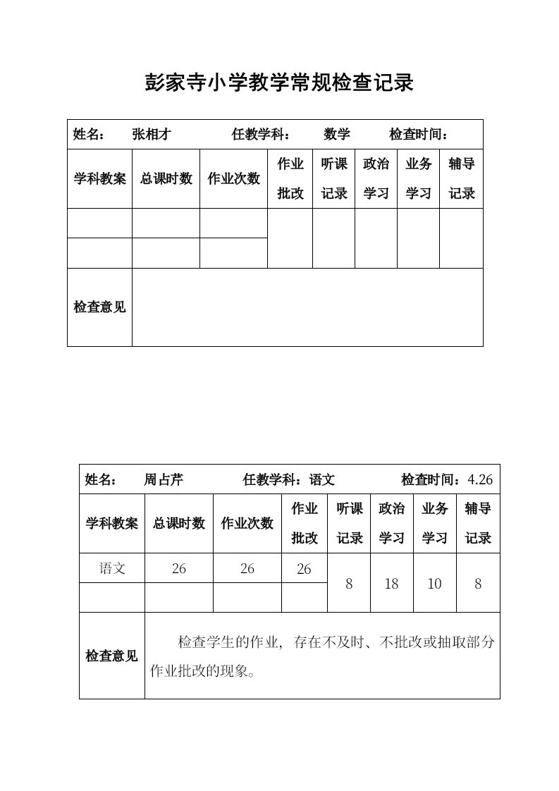 中心小学教学常规检查记录