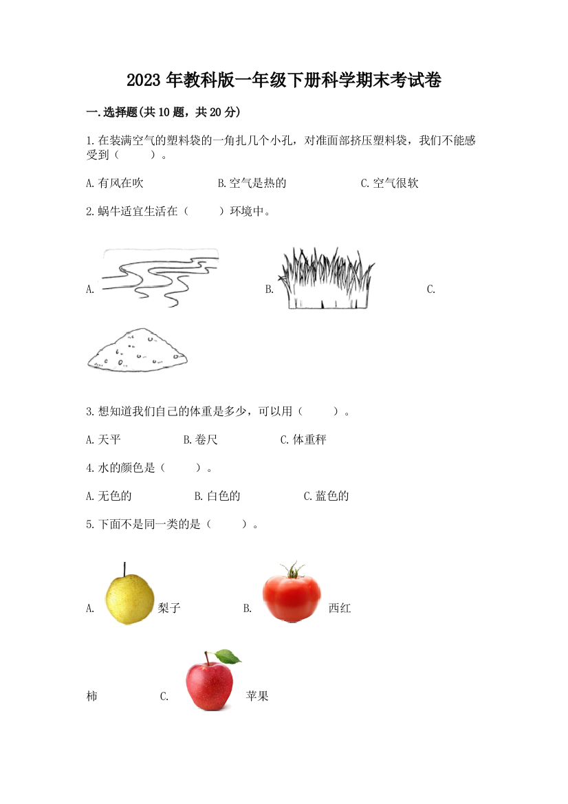 2023年教科版一年级下册科学期末考试卷（夺分金卷）