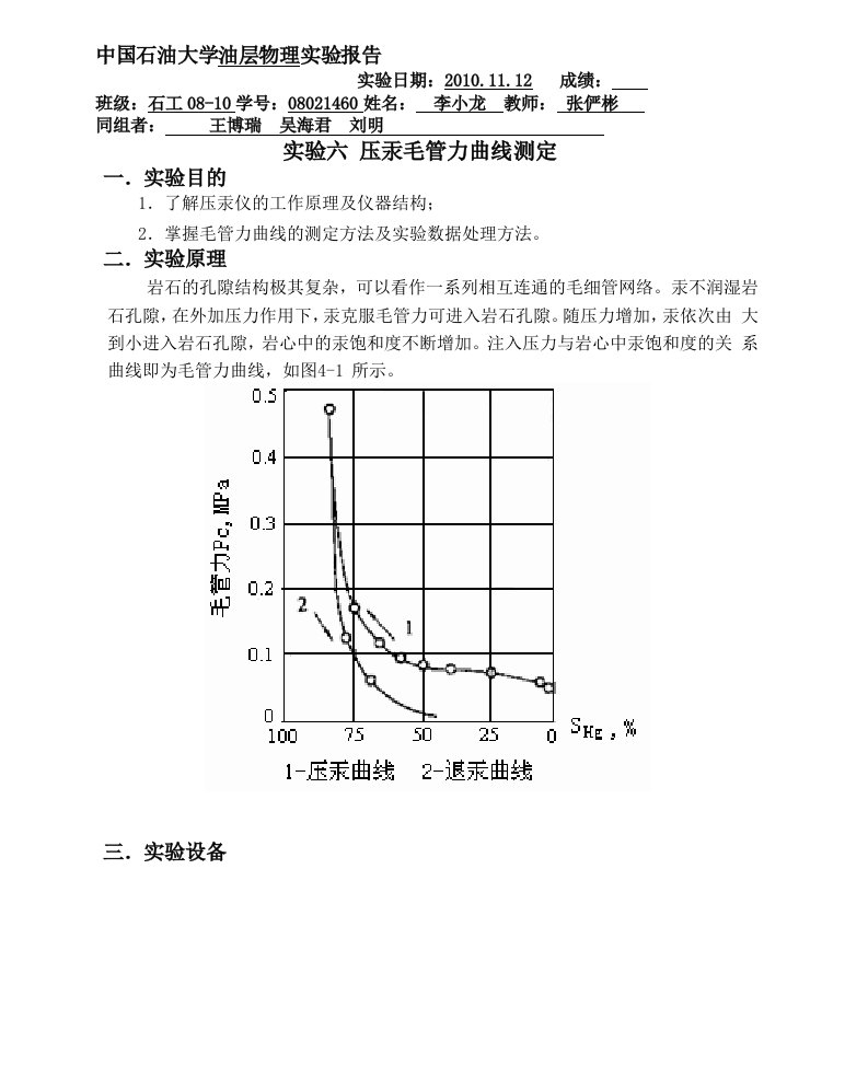 压汞毛管力曲线测定