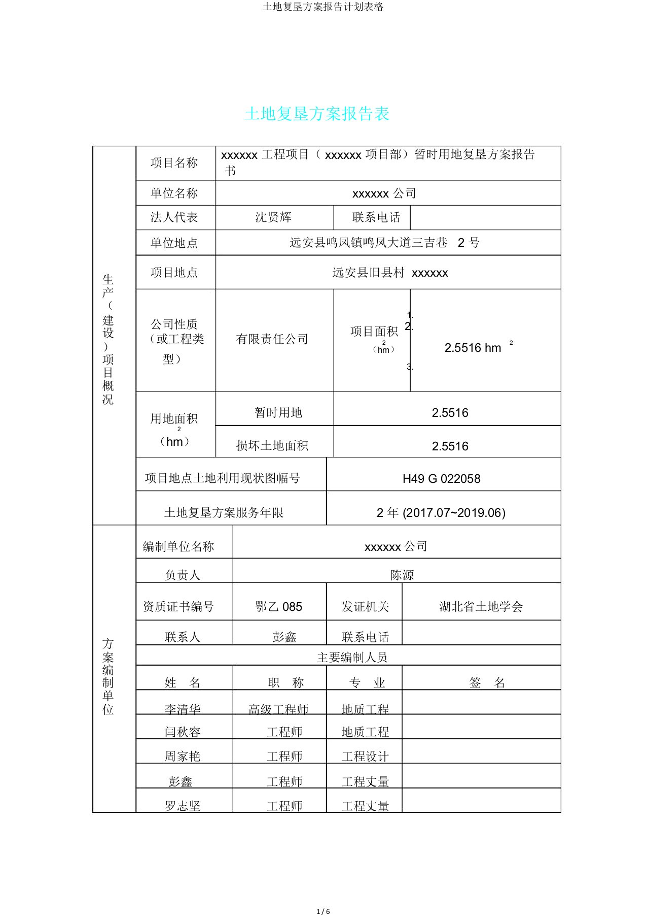 土地复垦方案报告计划表格