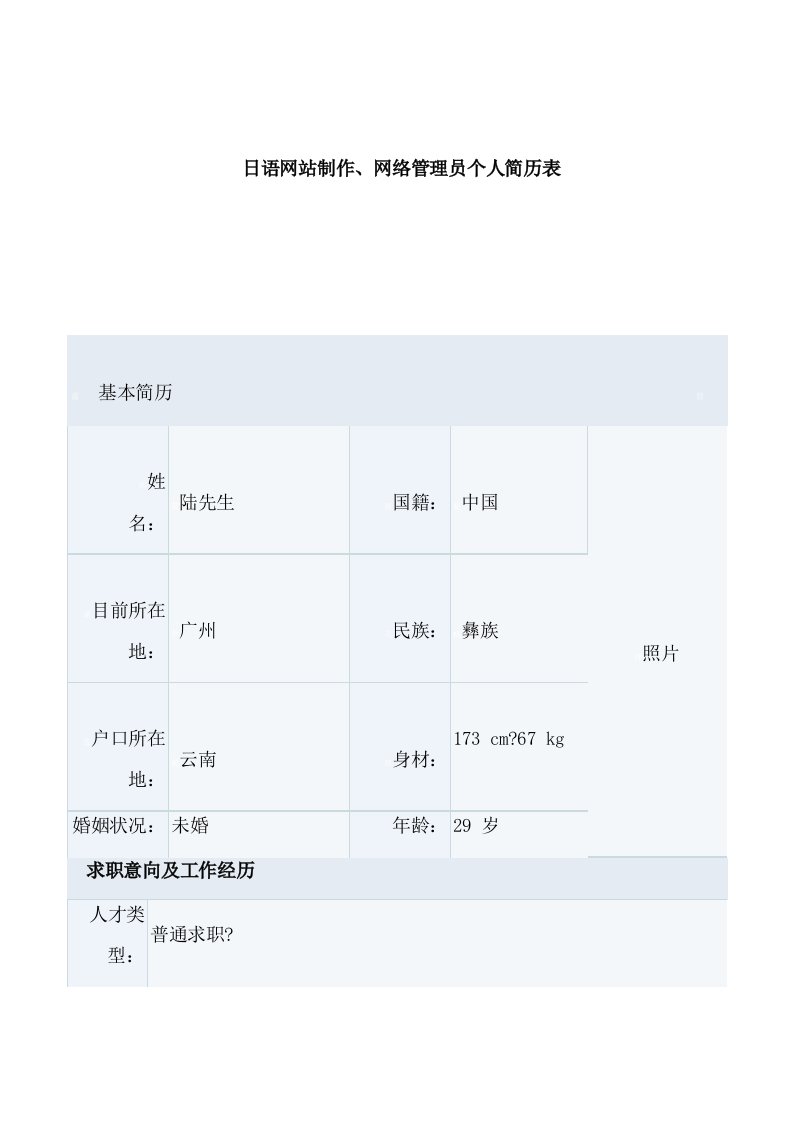 日语网站制作网络管理体系员个人简历表格