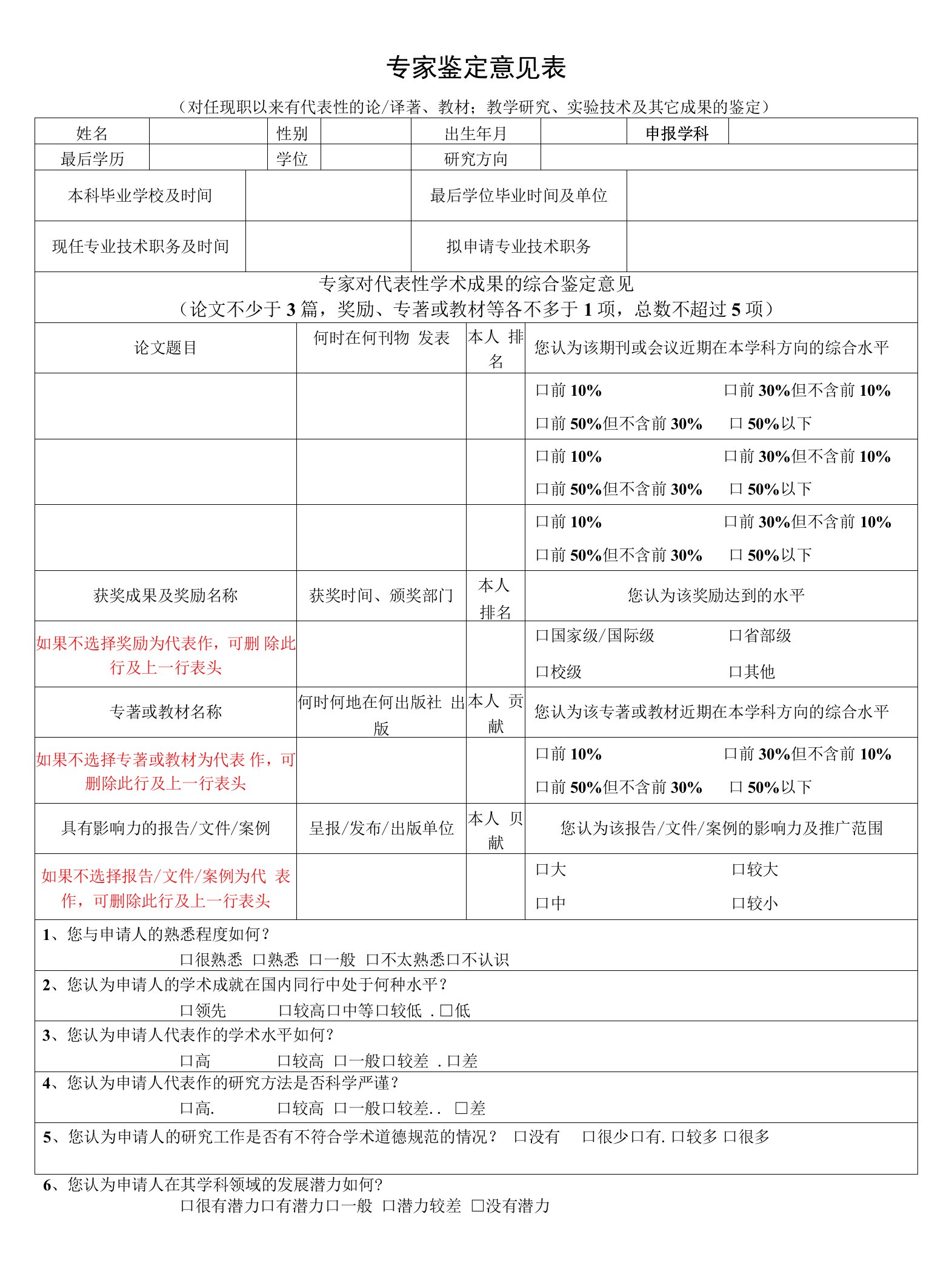 专家鉴定意见表