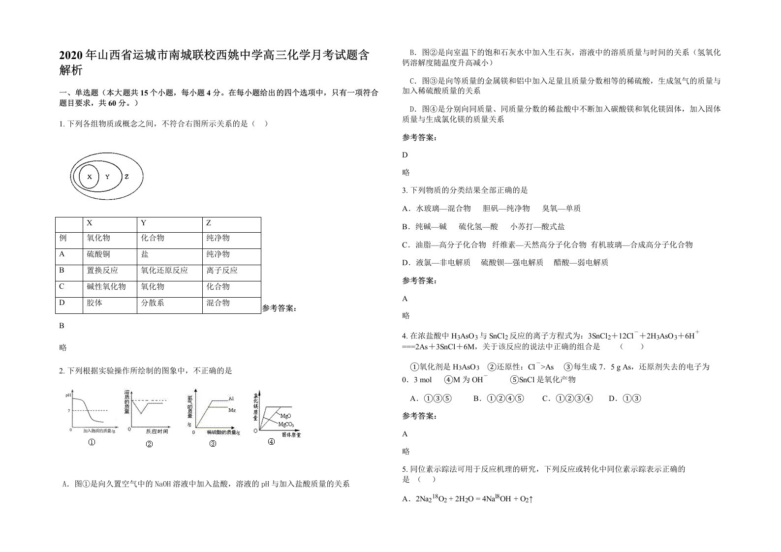 2020年山西省运城市南城联校西姚中学高三化学月考试题含解析