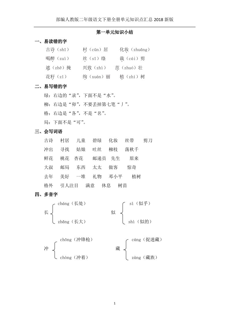 最新部编人教版小学二年级语文下册全册单元知识点汇总