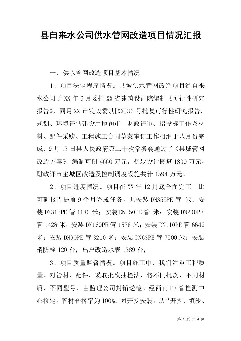 县自来水公司供水管网改造项目情况汇报