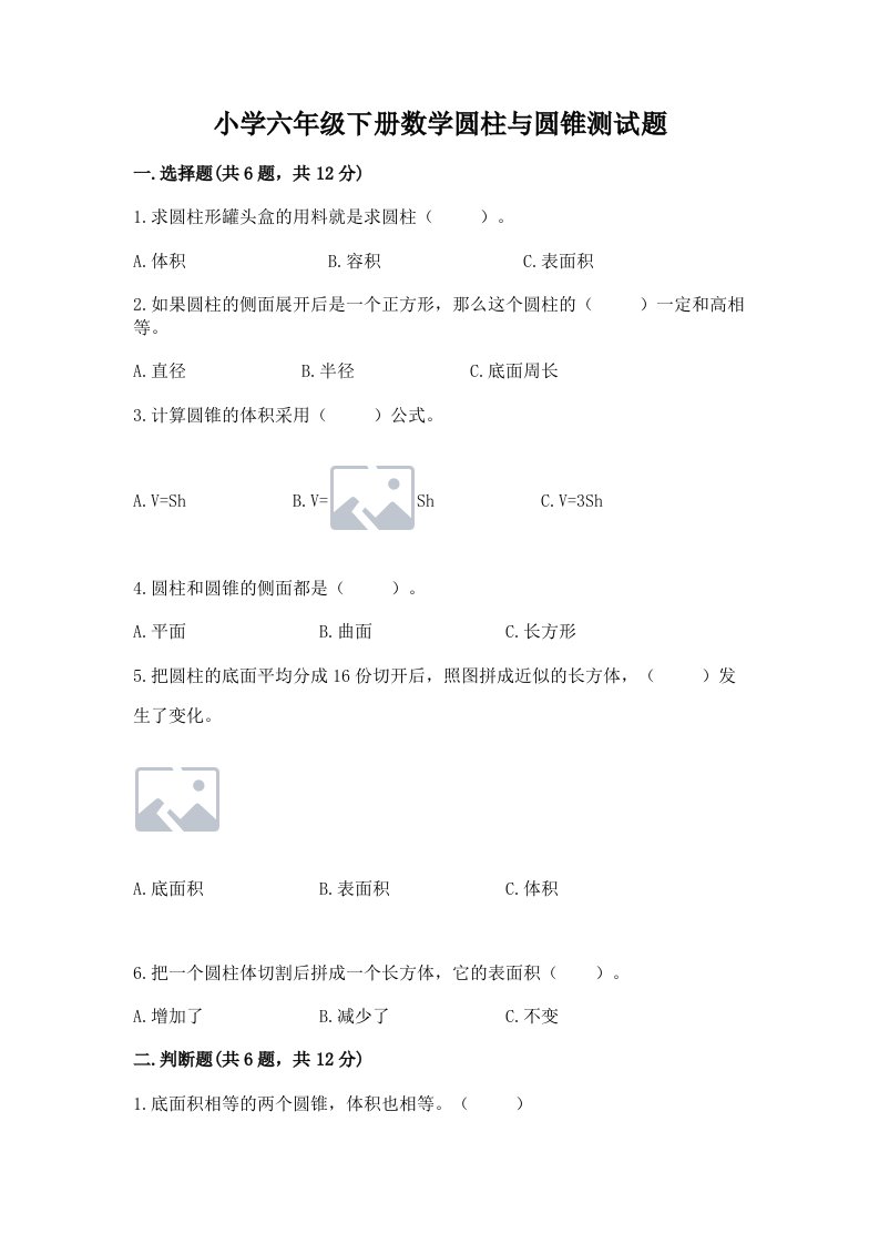 小学六年级下册数学圆柱与圆锥测试题附参考答案（精练）