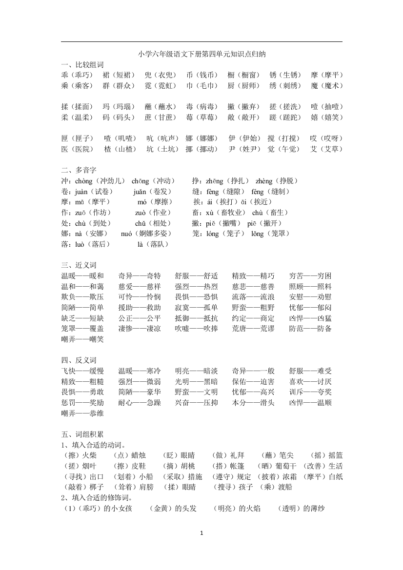 版六年级下第四单元基础知识点