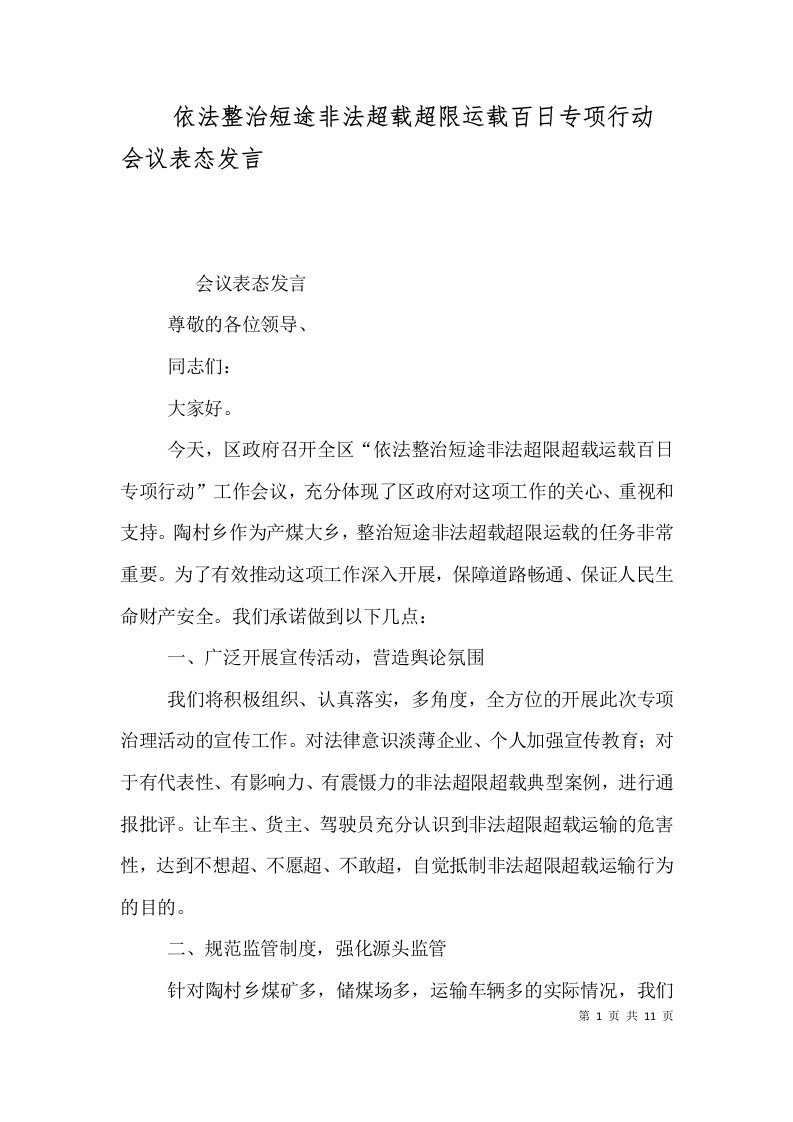 依法整治短途非法超载超限运载百日专项行动会议表态发言（二）