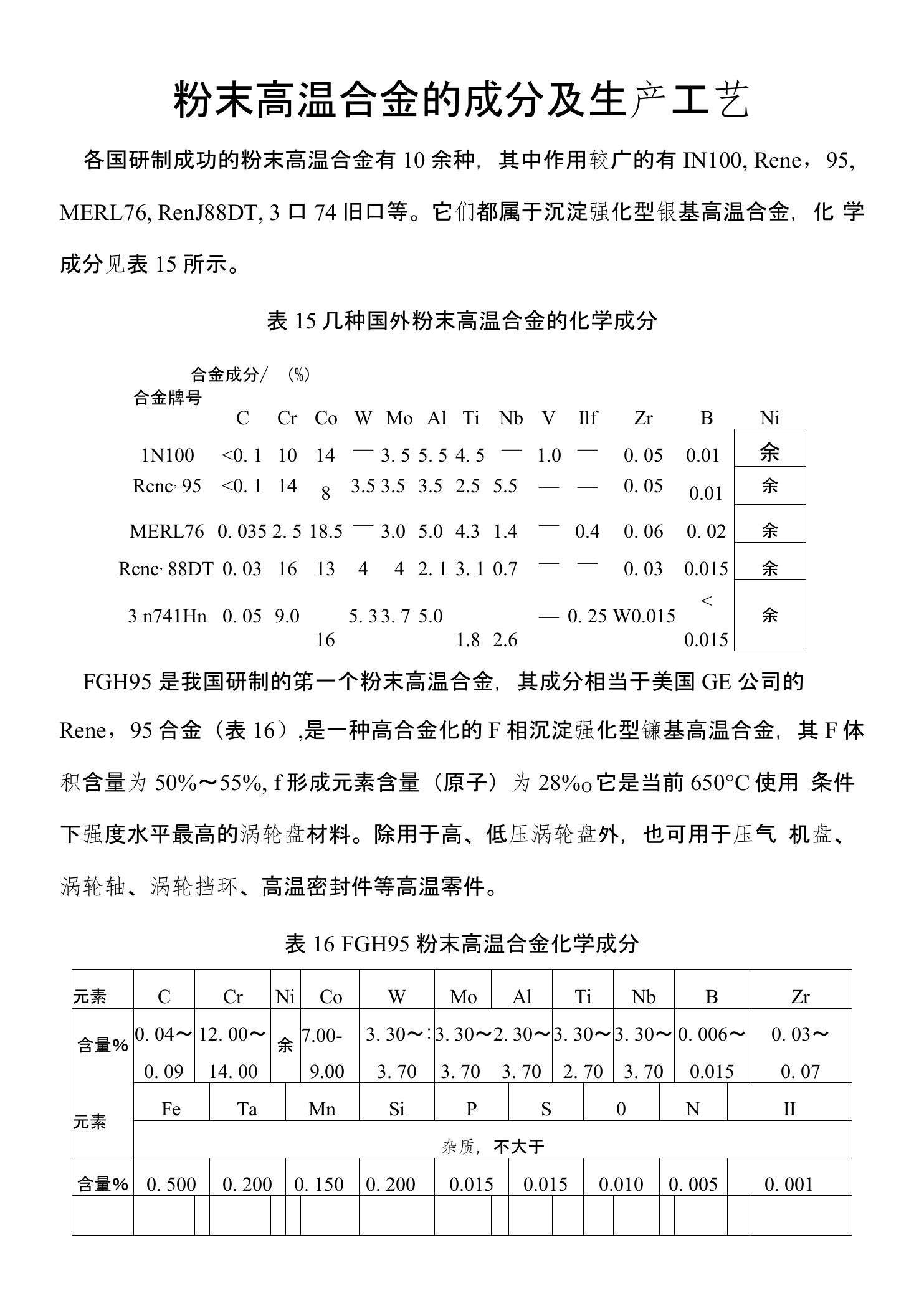 粉末高温合金的成分及生产工艺