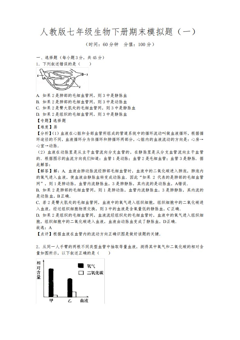 2020-2021学年人教版七年级生物下册期末模拟题及答案(共3套)