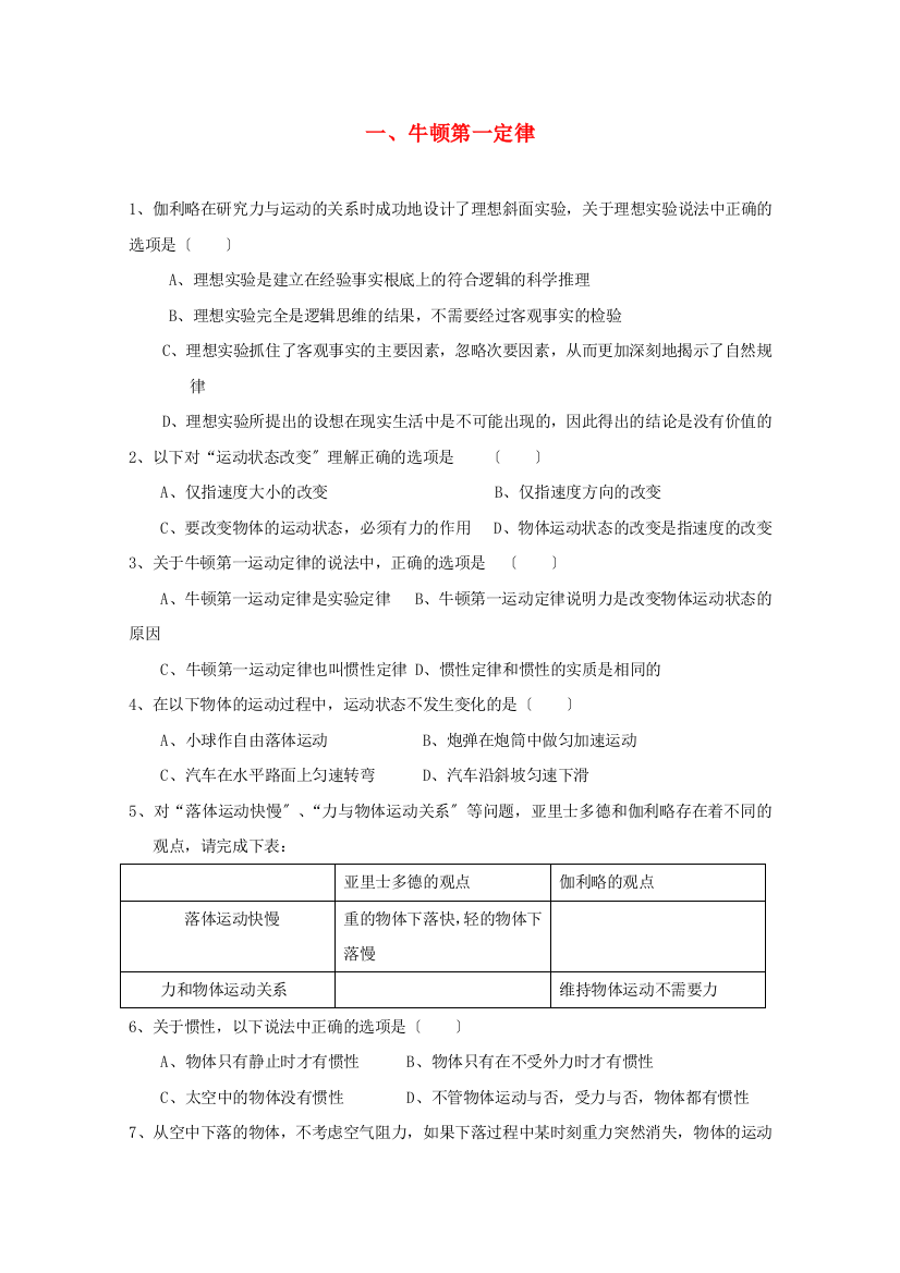 （高中物理）一牛顿第一定律