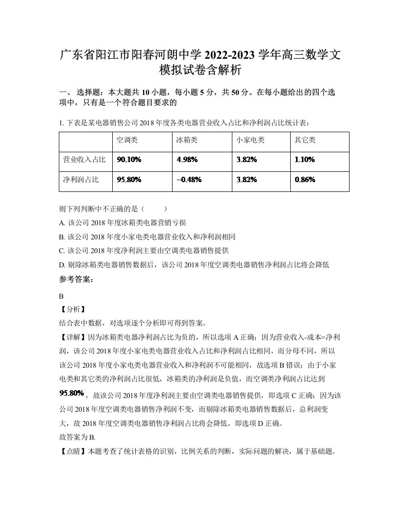 广东省阳江市阳春河朗中学2022-2023学年高三数学文模拟试卷含解析