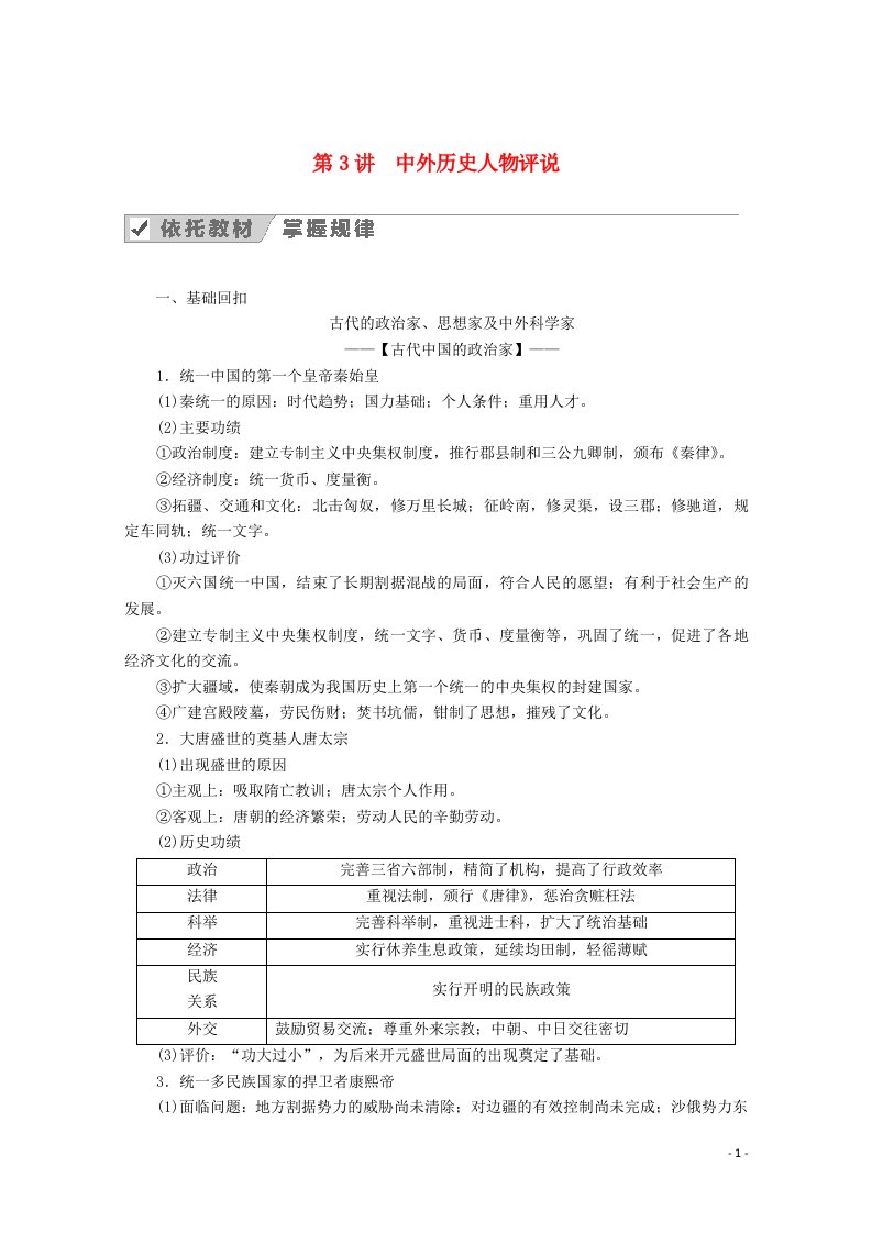 2021高考历史一轮复习模块四选修部分第3讲中外历史人物评说学案含解析人民版