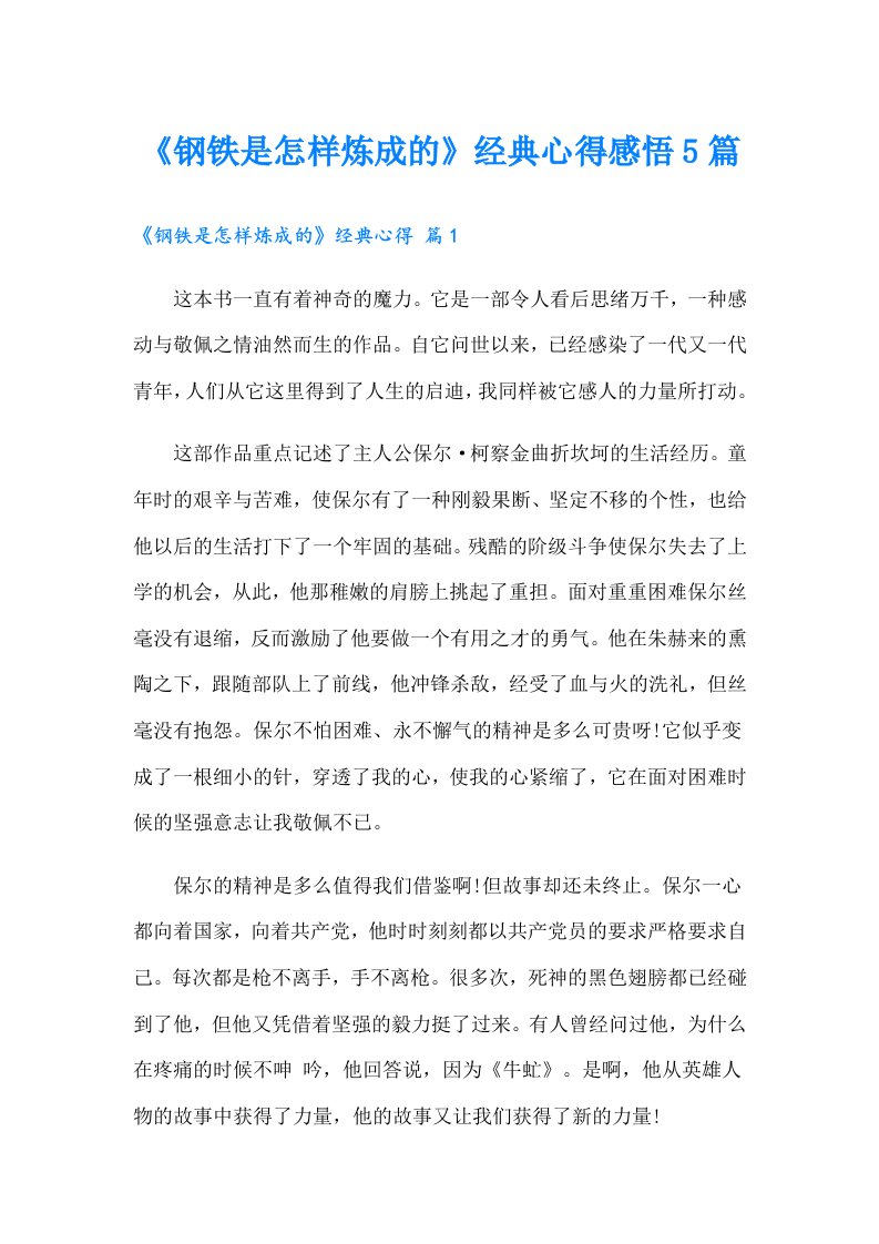 《钢铁是怎样炼成的》经典心得感悟5篇