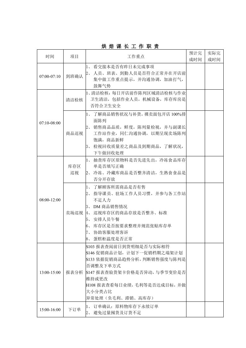 烘焙课长工作职责