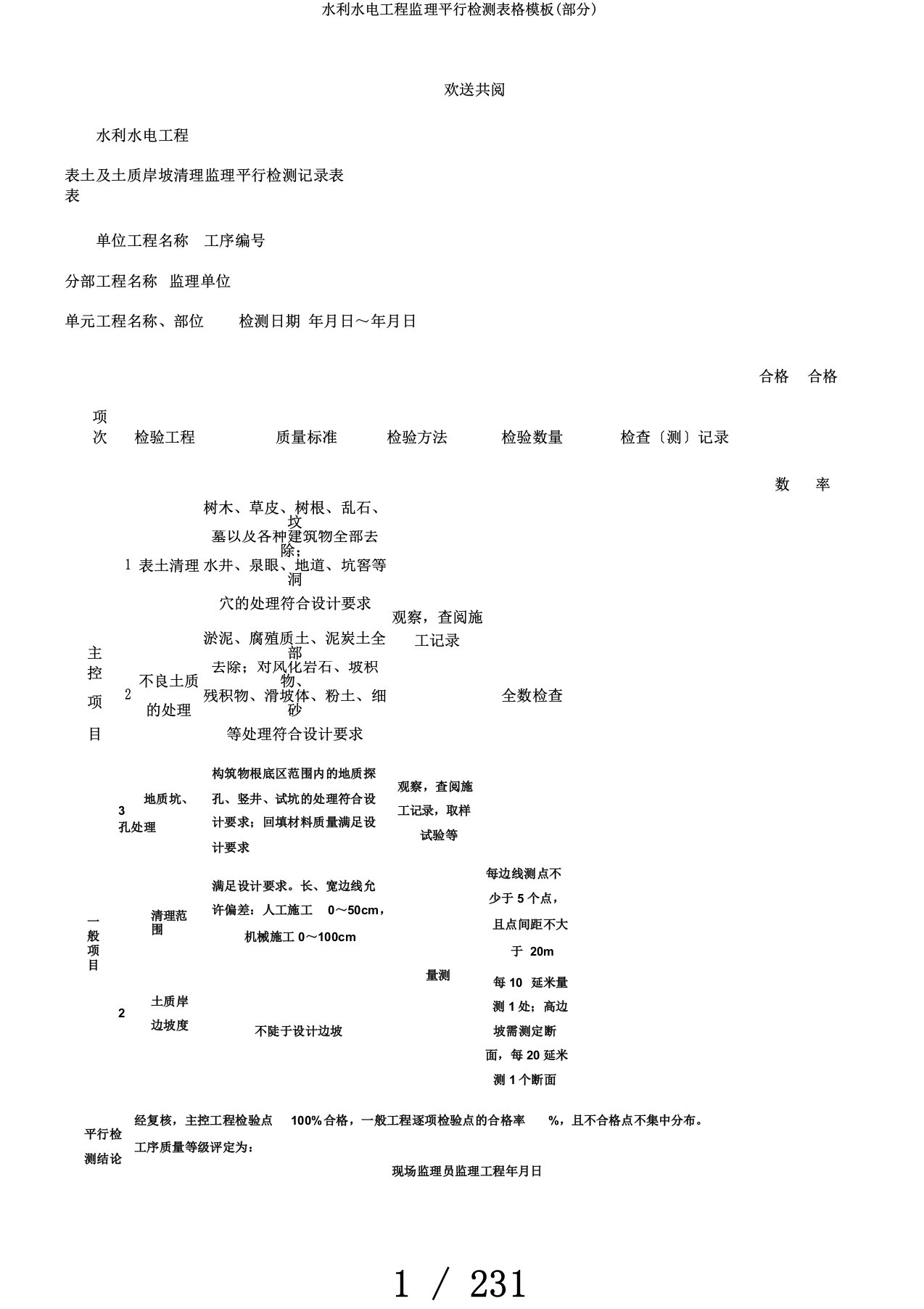 水利水电工程监理平行检测表格模板(部分)