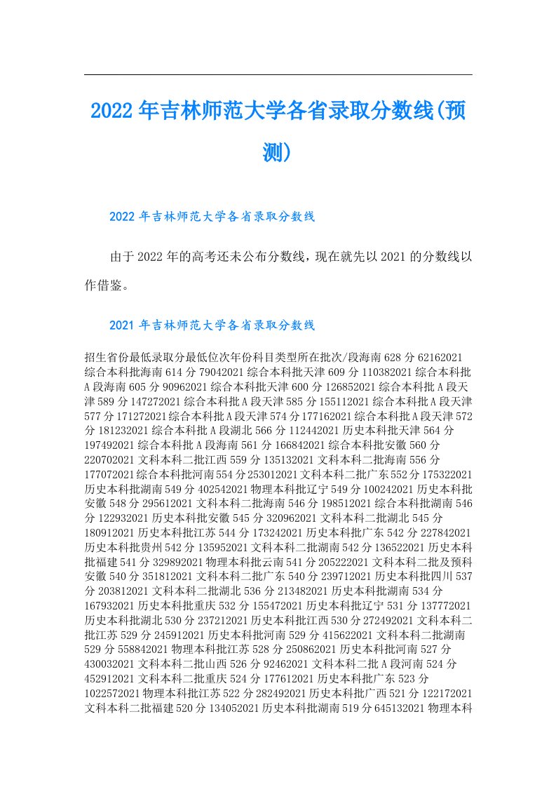 吉林师范大学各省录取分数线(预测)