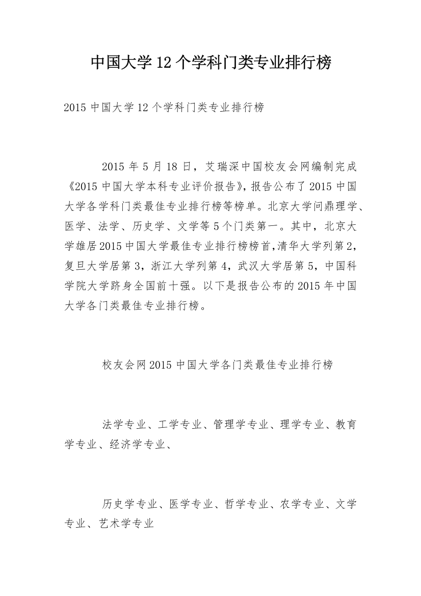 中国大学12个学科门类专业排行榜