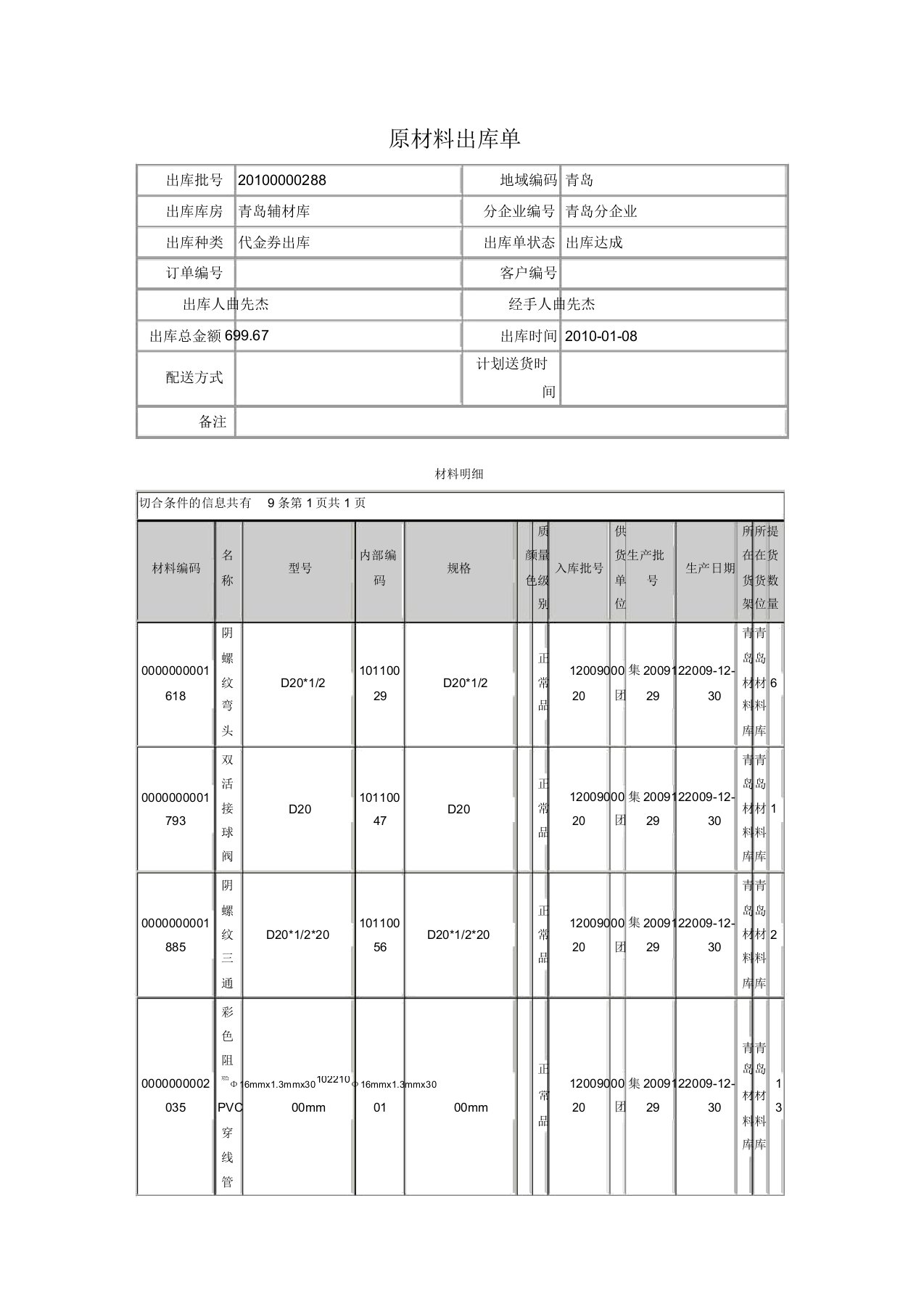 原材料出库单