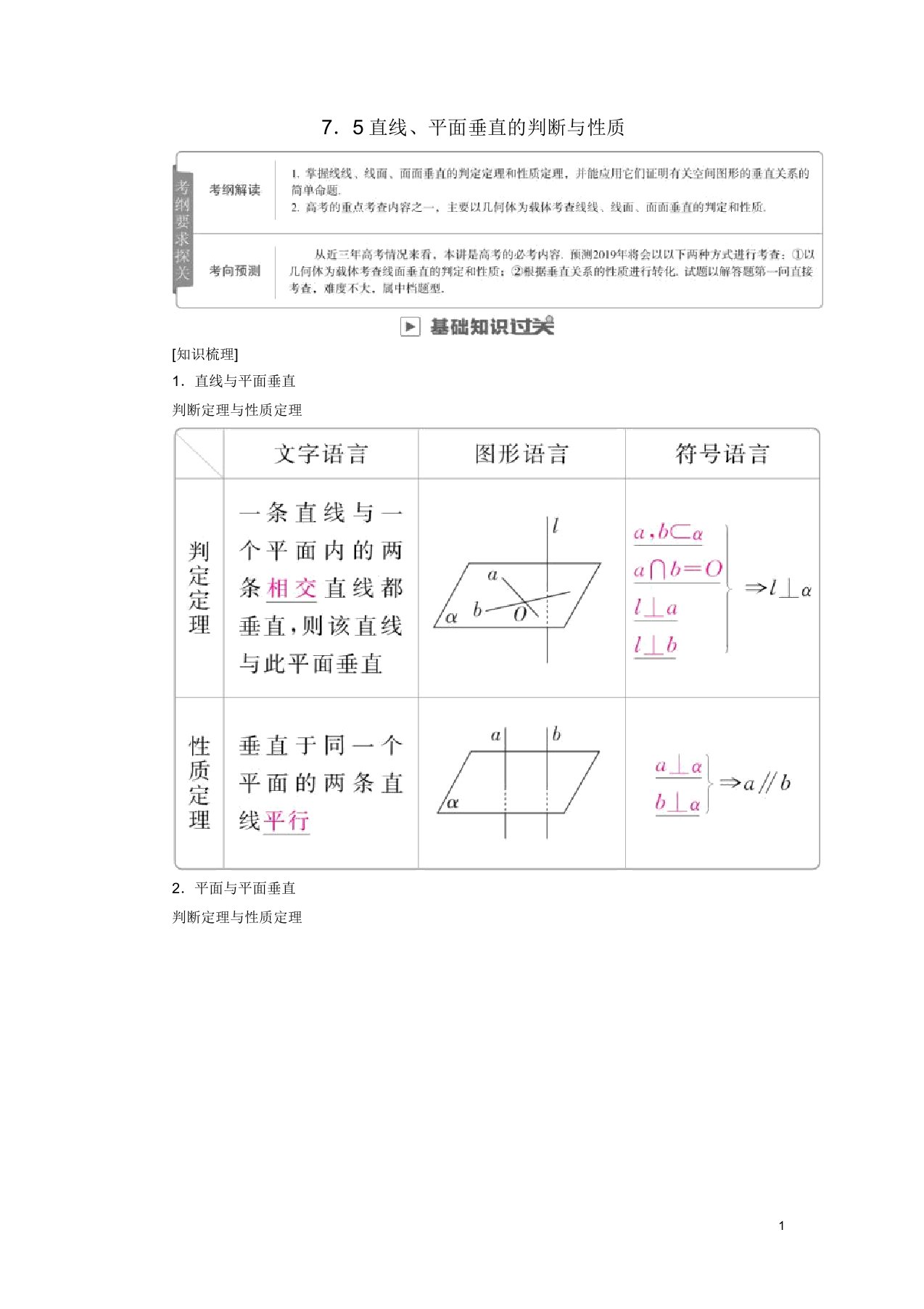 2019版高考数学一轮复习第7章立体几何75直线平面垂直判定与性质学案理