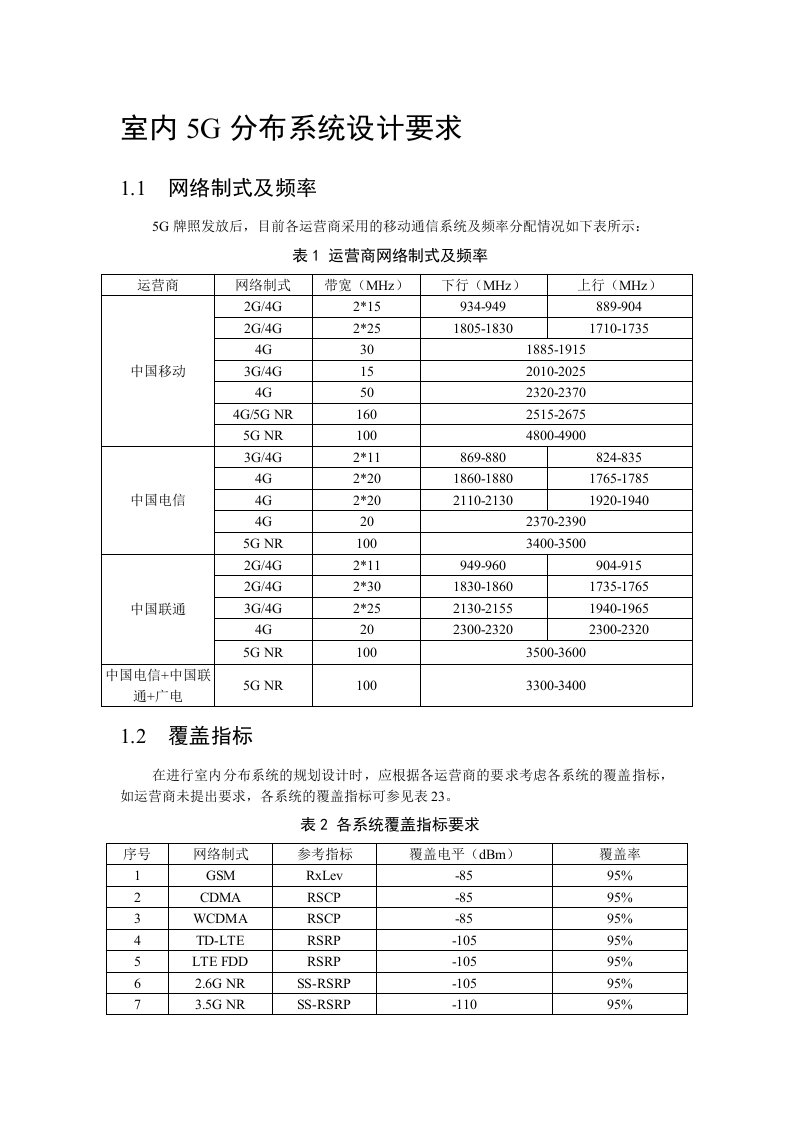 室内5G分布系统设计要求