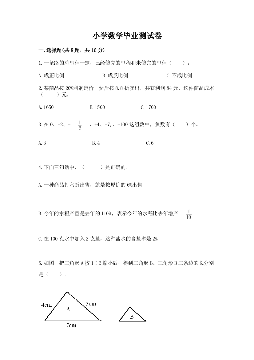 小学数学毕业测试卷（夺冠系列）