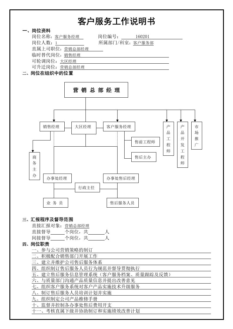 工作说明书客户服务经理