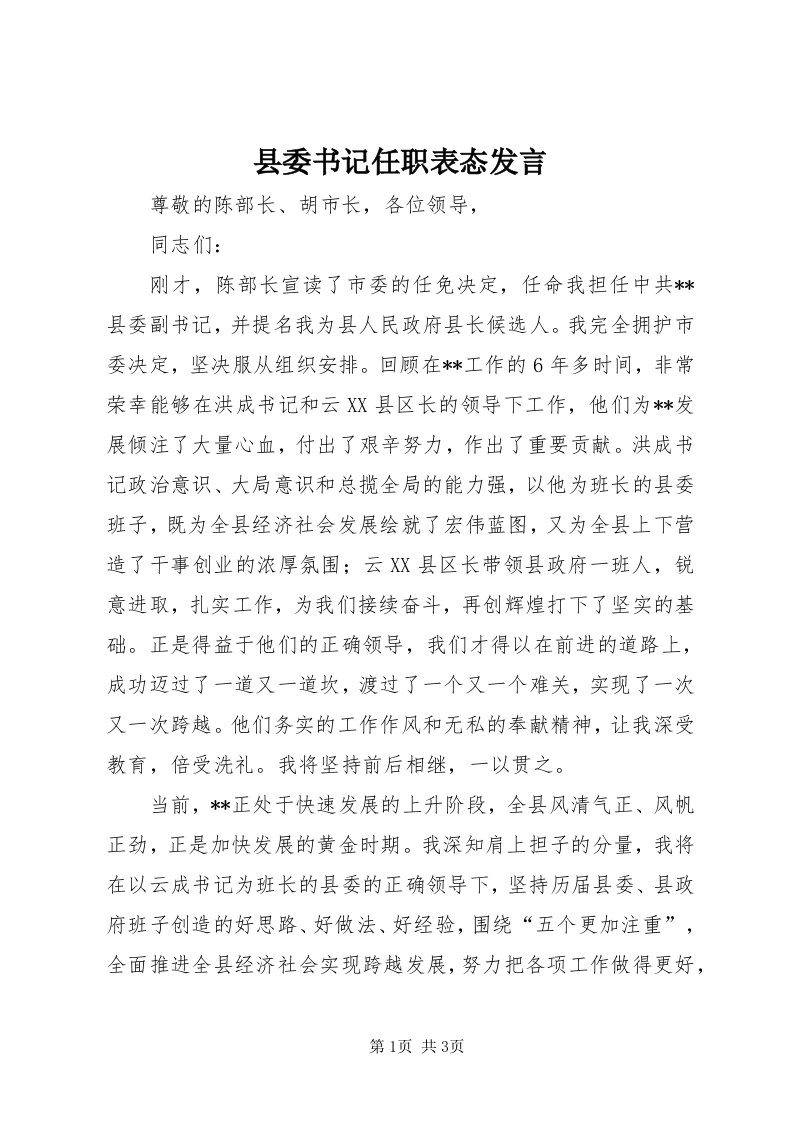 6县委书记任职表态发言