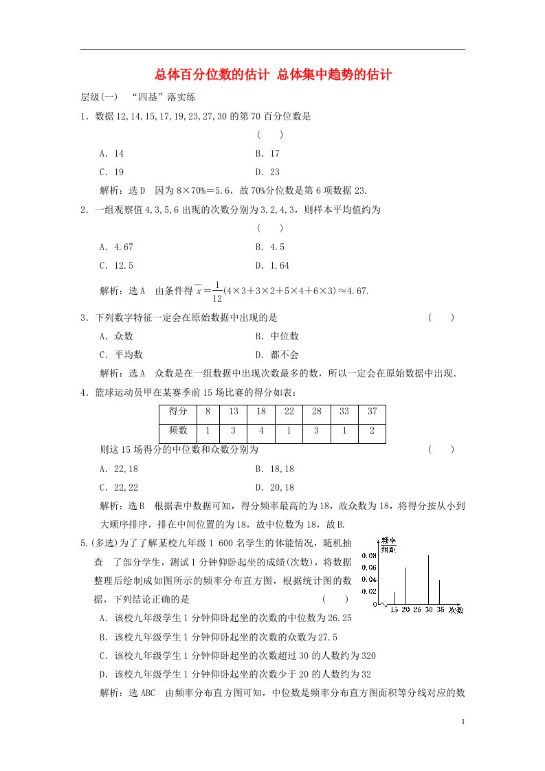 2022秋新教材高中数学课时跟踪检测三十六总体百分位数的估计总体集中趋势的估计新人教A版必修第二册