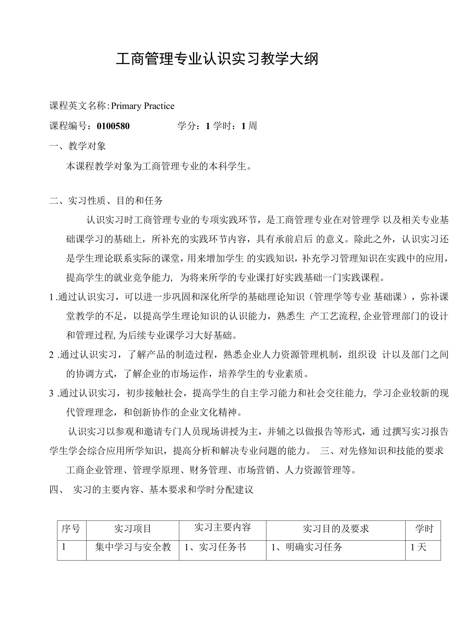 工商管理专业认识实习教学大纲