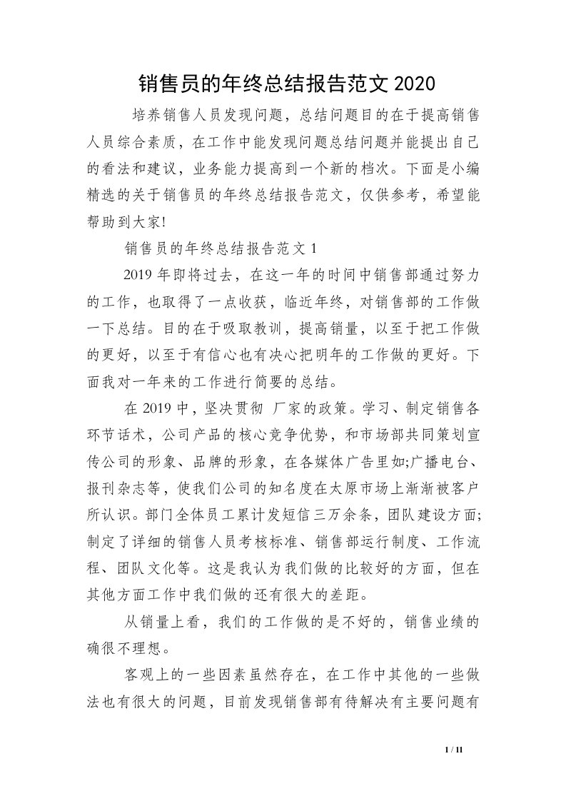 销售员的年终总结报告范文2020