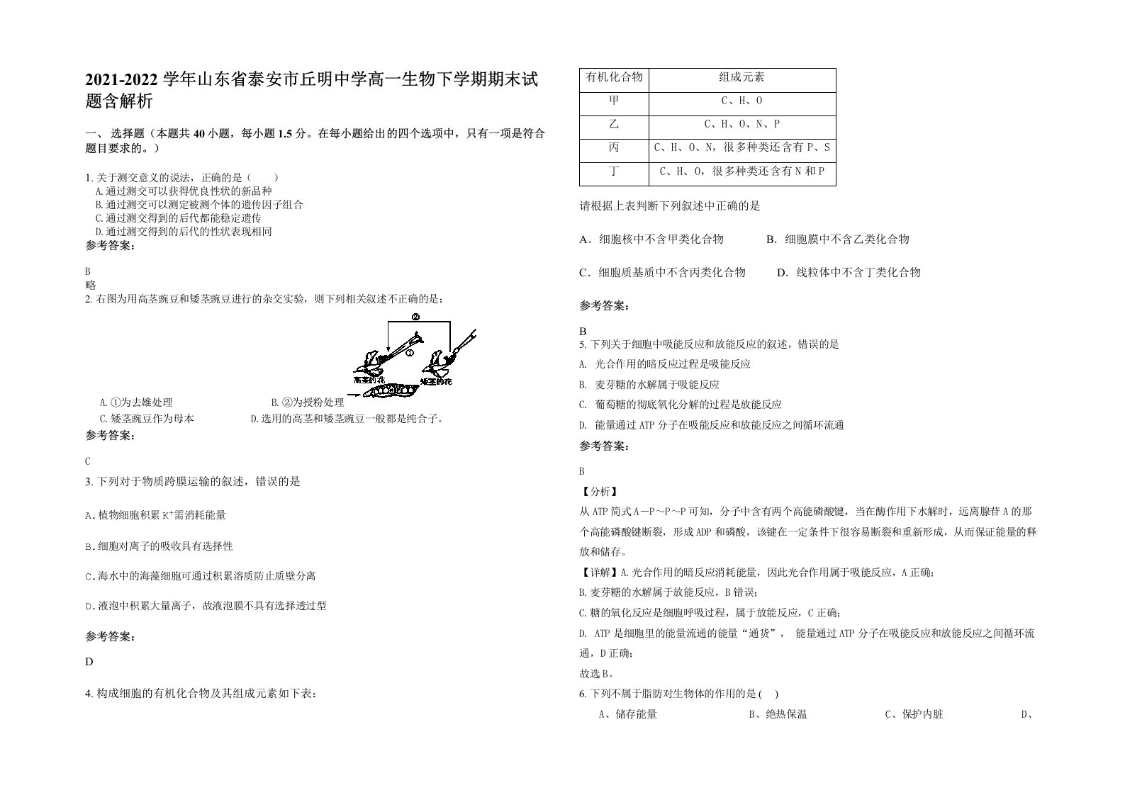 2021-2022学年山东省泰安市丘明中学高一生物下学期期末试题含解析