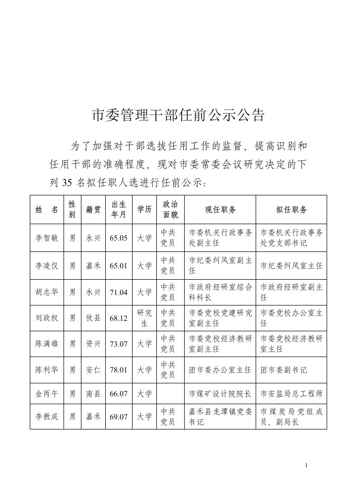 市委管理干部任前公示公告.doc