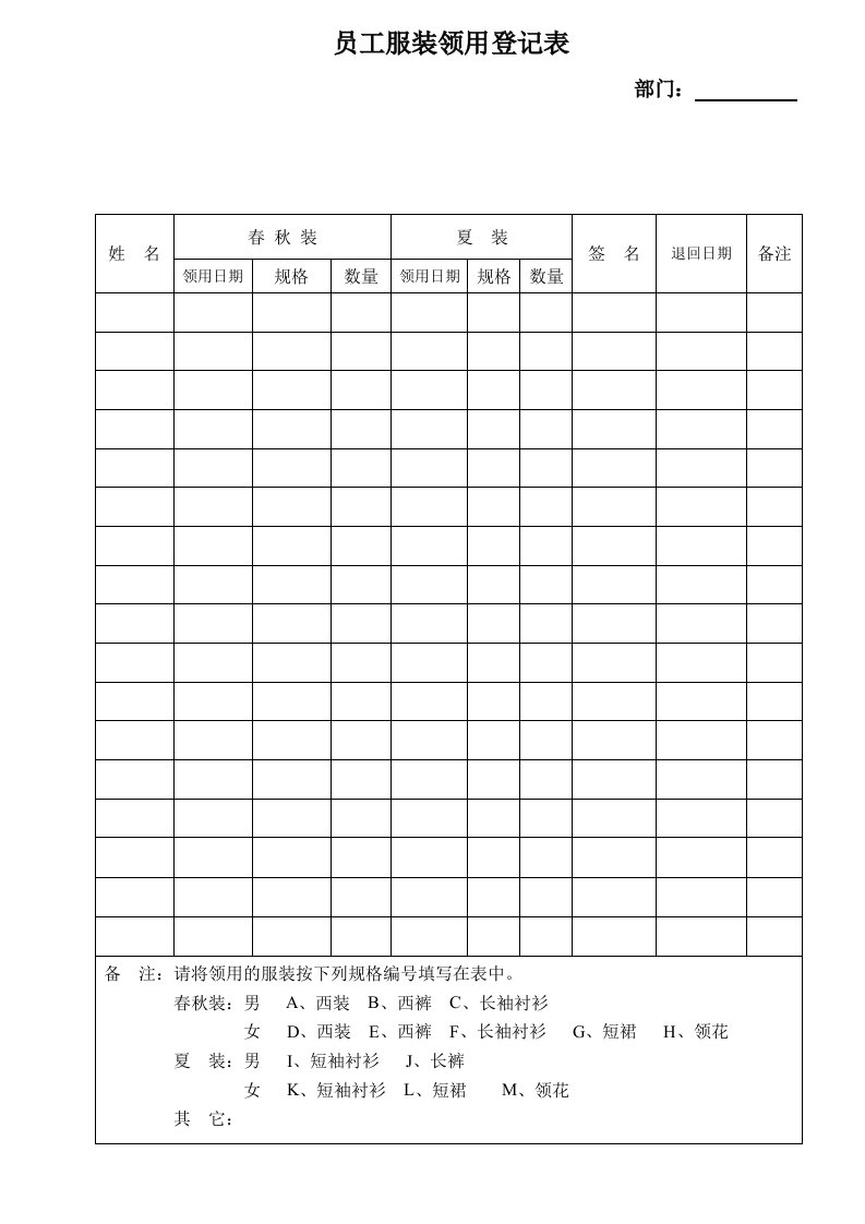 员工服装领用情况登记表