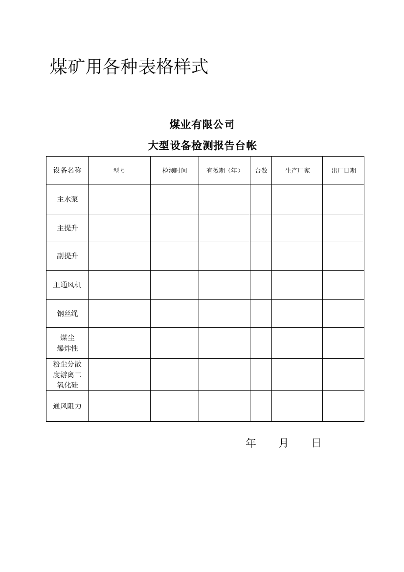 煤矿用各类表格格局