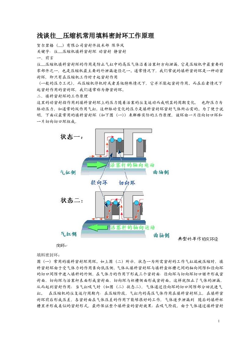 浅谈往复式压缩机常用填料密封环工作原理