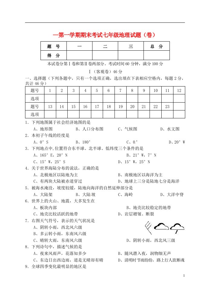 山西省农业大学附属中学七级地理上学期期末考试试题