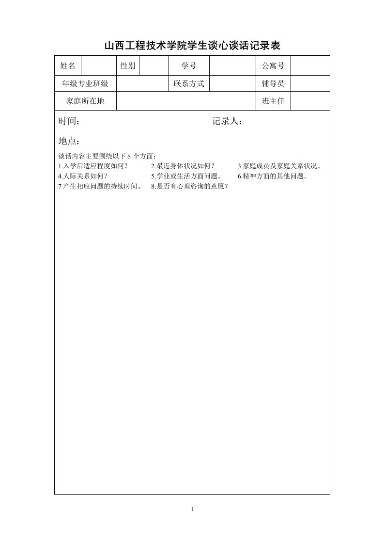 山西工程技术学院学生谈心谈话记录表