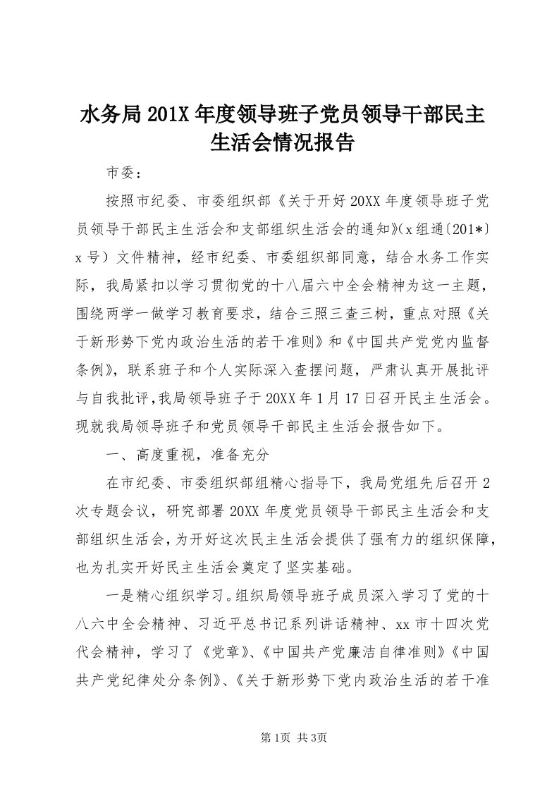 6水务局0X年度领导班子党员领导干部民主生活会情况报告