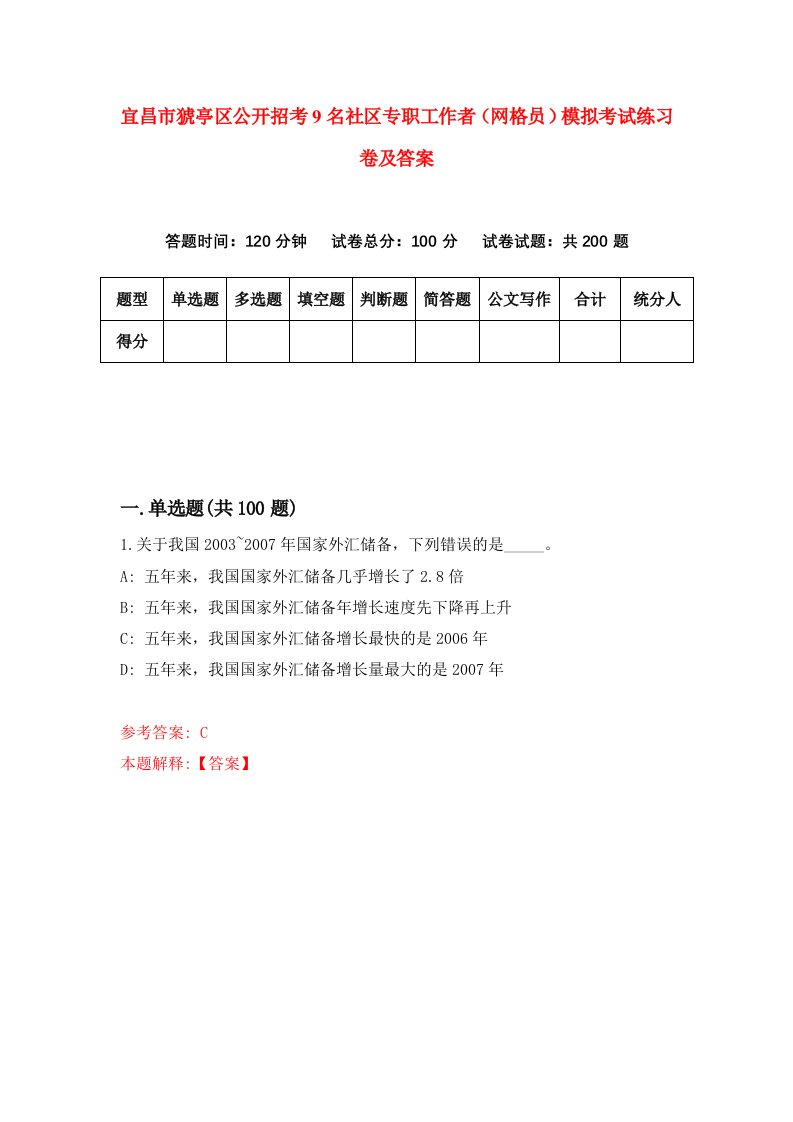 宜昌市猇亭区公开招考9名社区专职工作者网格员模拟考试练习卷及答案0