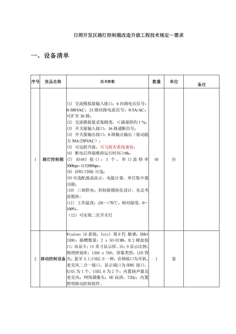 日照开发区路灯控制箱改造升级工程技术要求需求(2)