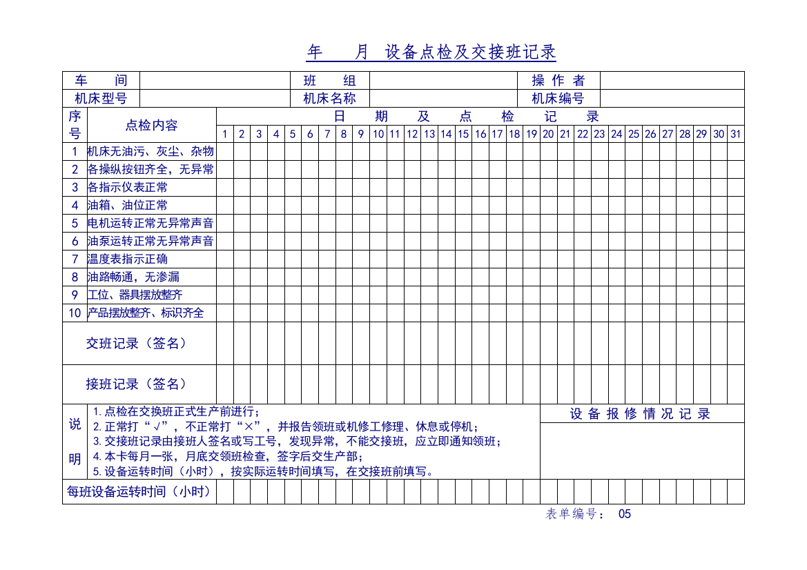 设备点检及交接班记录